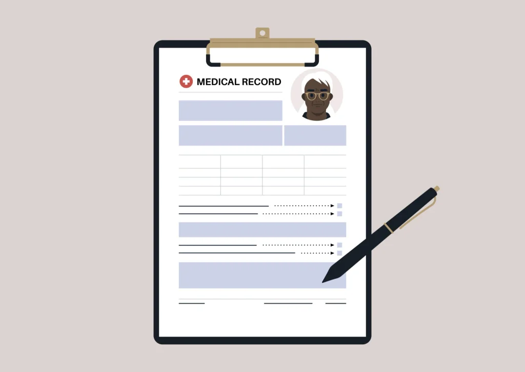 A medical record and certification form attached to a clipboard.