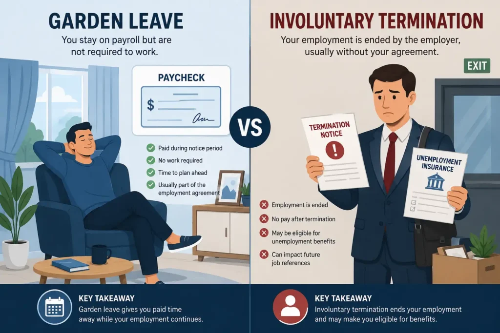 Illustration comparing Garden Leave and Involuntary Termination after giving a resignation notice.