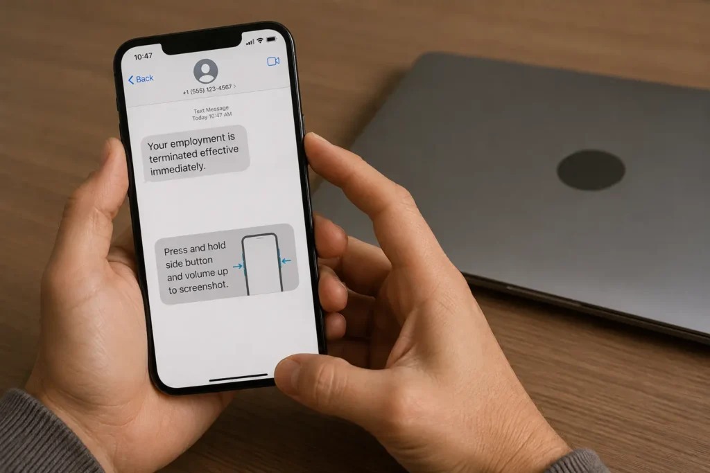  Worker taking a screenshot of a termination text message on their smartphone to preserve evidence.