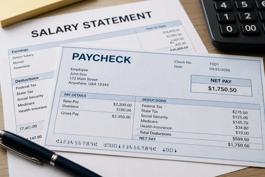 Close up of a generic paycheck and salary document on an office desk.