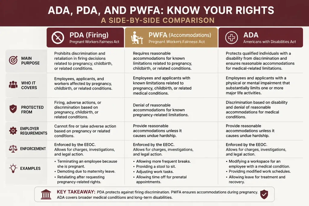  Infographic comparing the PDA, PWFA, and ADA protections for pregnant workers in 2026.