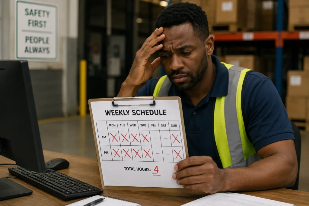 Stressed employee looking at a work schedule with reduced hours, representing quiet whistleblower retaliation.