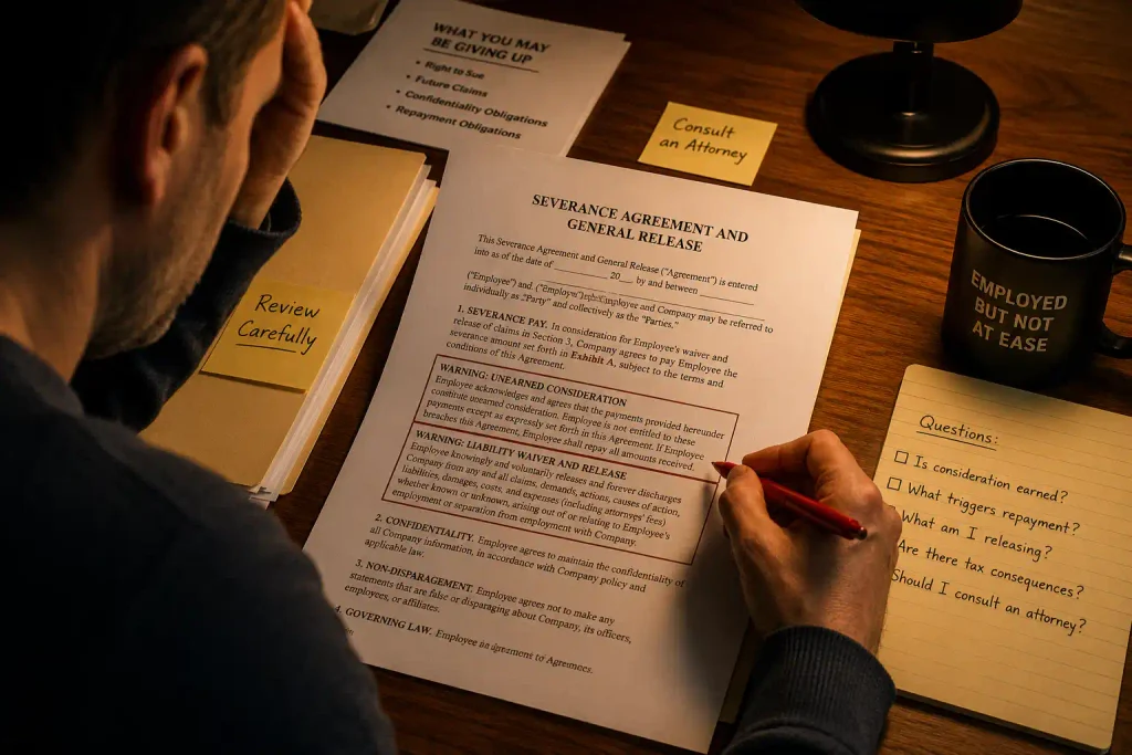 Stressed American worker reviewing a severance contract, checking for unearned consideration and liability clauses.