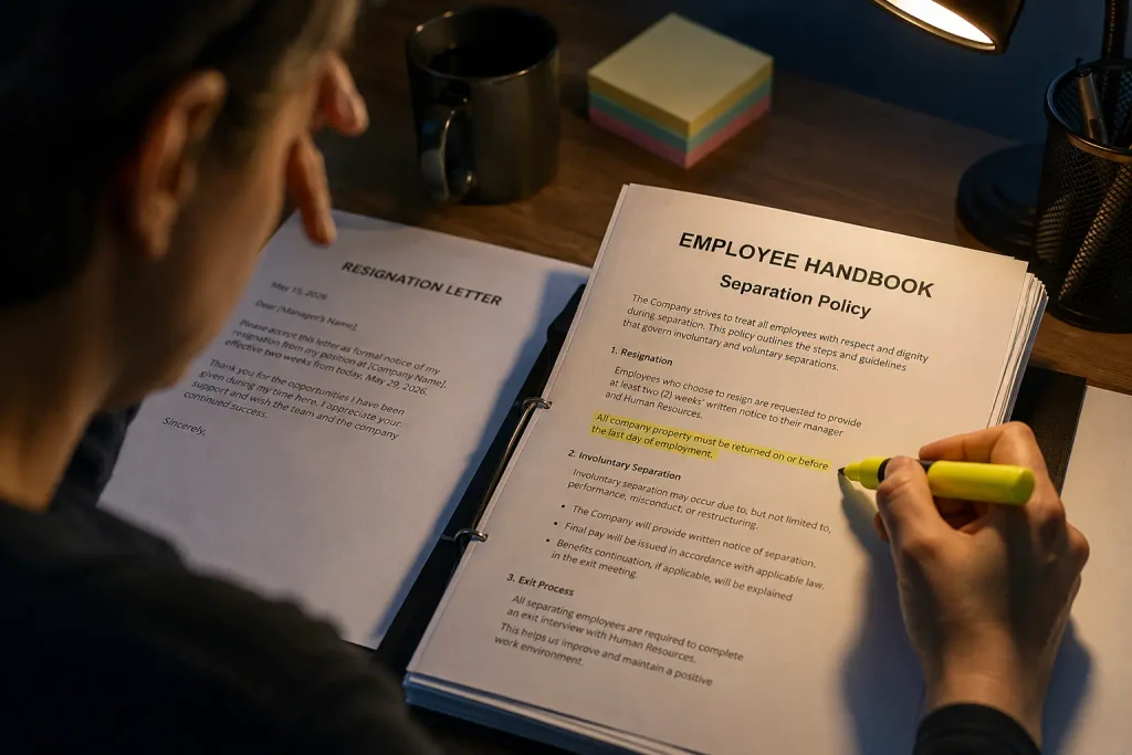 Stressed American worker reviewing an employee handbook to see if they get paid for unused vacation time when they quit.