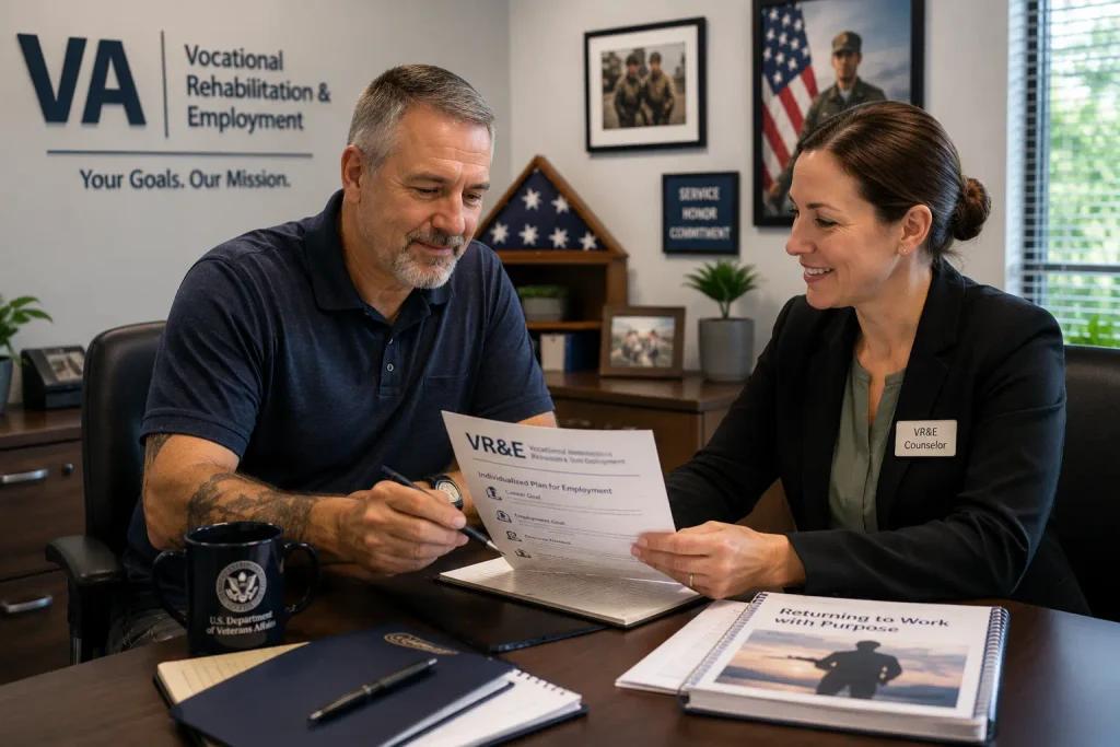 A veteran meeting with a VR&E vocational counselor to safely plan a return to the workforce.