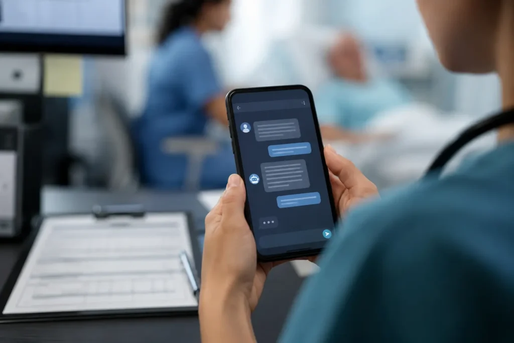 Healthcare worker using AI chatbot on phone near patient records, illustrating Shadow AI HIPAA risk
