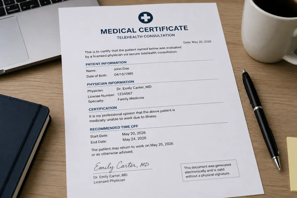 A printed telehealth medical certificate confirming inability to work.