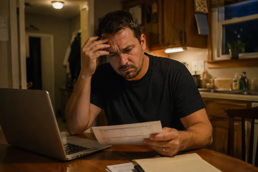 Worker reviewing paycheck to check exempt employee overtime status