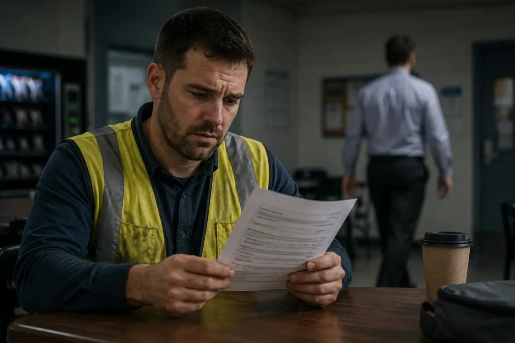 Stressed warehouse worker holding a doctor's note regarding work restrictions